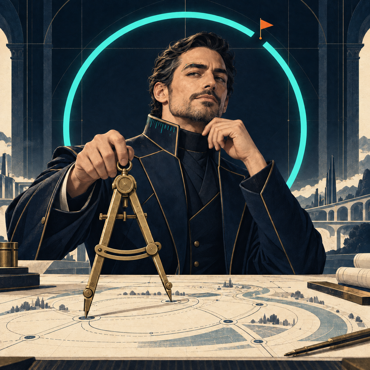 Illustrated ARCALLAIRE character holding a brass compass